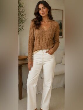 (nude) Italy Cable Knit Cotton Sweater Camel V-Neck Chunky Size 42